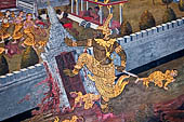 Bangkok Grand Palace, Ramakien murals of the gallery of the Wat Phra Kaew, Ongkhot messenger of Rama, breaks down the gate of the city of Lanka. 